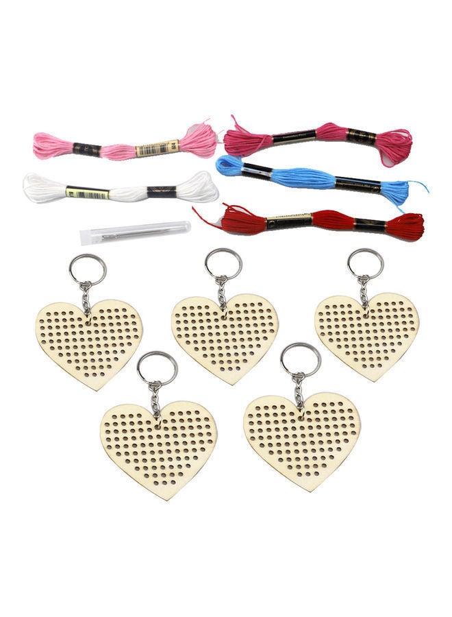 NIBEMINENT 5-Piece Heart Cross Stitch Embroidery Key Ring with Thread and Needle Multicolour 7 x 6.5 0.2cm - Image 2