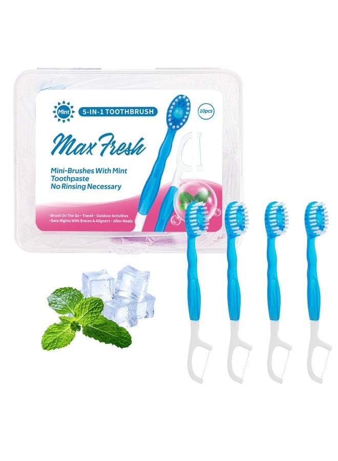 Mint 5 In 1 Mini Toothbrush & Floss & Tongue Scraper & Toothpick Set, , Disposable Mini Toothbrushes  With Bursting Beads, No Toothpaste Required,Convenient And Easy to Carry, Cleans The Mouth and Freshens Breath 10pcs（Mint Flavor） - Image 1