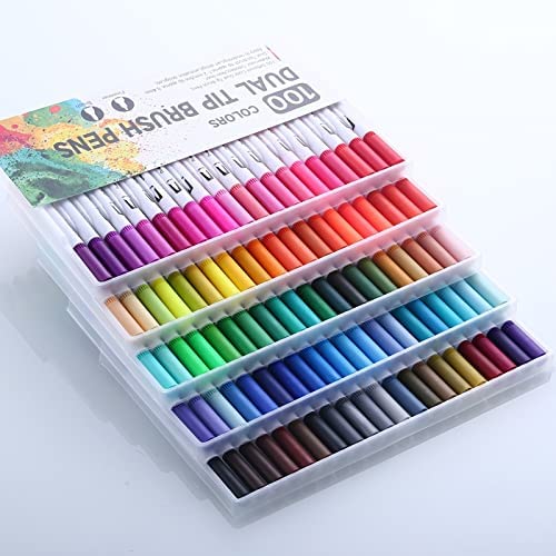 deziine�100 Pcs Dual Tip Brush Marker Pens Fine Tip Markers & Brush Highlighter Pen for Bullet Journal Adults Colouring Book Note Taking Writing Planning Art Project - Image 1
