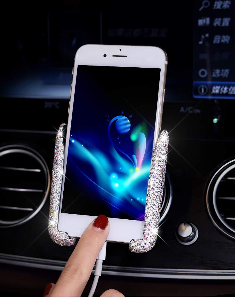 SUNCARACCL Bling Car Phone Holder Mini Dash Air Vent Automatic Phone Mount Universal 360Â°Adjustable Crystal for Women and Girls (White) - Image 3