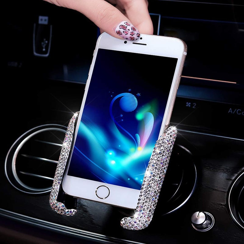 SUNCARACCL Bling Car Phone Holder Mini Dash Air Vent Automatic Phone Mount Universal 360Â°Adjustable Crystal for Women and Girls (White) - Image 1