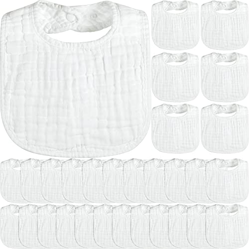 Reginary 30 Pack White Muslin Baby Bibs Bulk Adjustable 6 Layers Baby Bandana Drool Bibs for Boys Girls Newborn Cotton Soft Absorbent Muslin Burp cloth for Drooling and Teething - Image 1