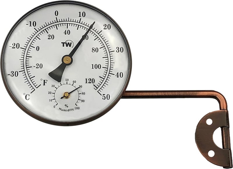 Thermometer World مقياس حرارة ورطوبة خارجي من النحاس مع تصميم قرص أنيق - مقياس حرارة حديقة مناسب لقياس درجة الحرارة والرطوبة الخارجية، مثبت على الحائط، الدفيئة، المرآب، مع ذراع متأرجح لسهولة التموضع | مقياس حرارة حديقة، مقياس درجة الحرارة والرطوبة، حائط، دفيئة، مرآب، ذراع متأرجح لسهولة التموضع - Image 1
