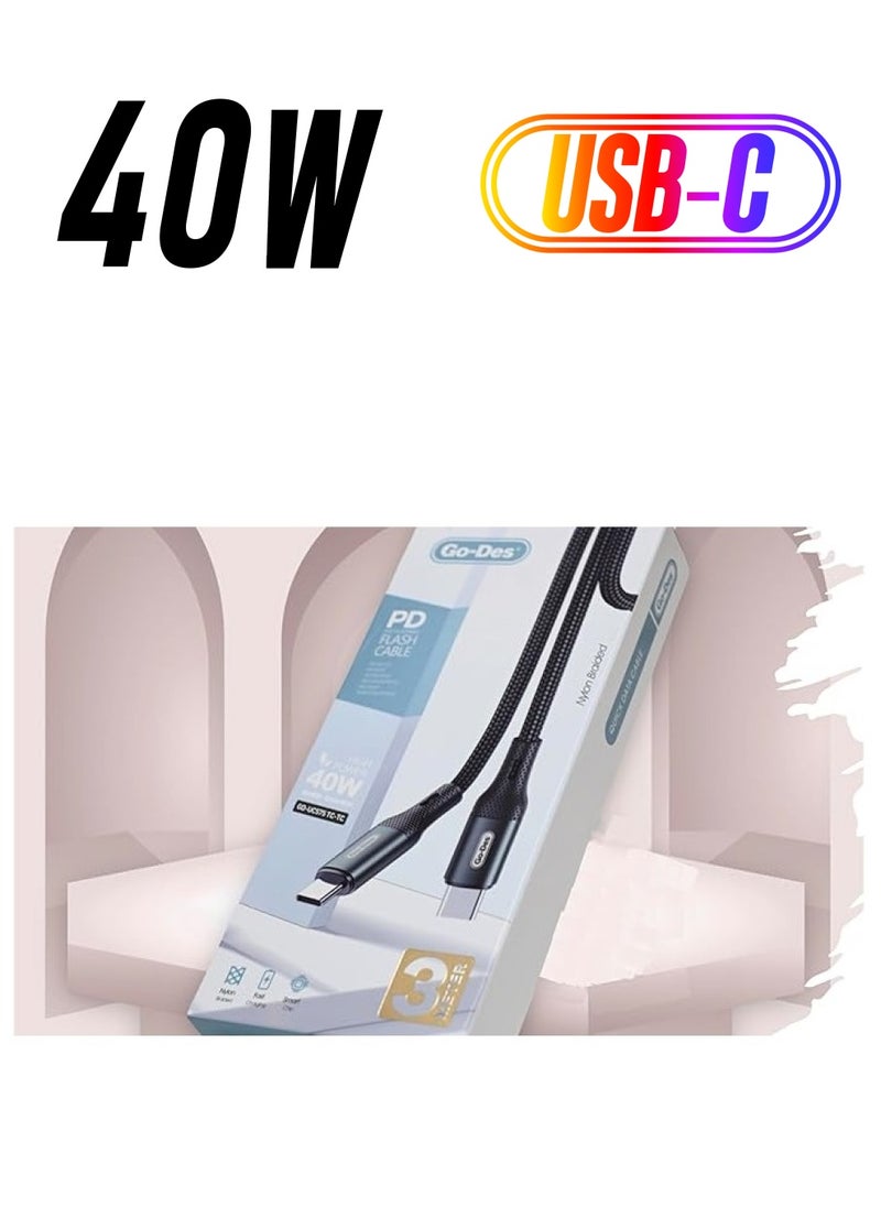 GO-DES Go-Des 40W Fast Charging 5A USB C to USB C Cable [9.9-ft,3M], Powerful Nylon Braided USB-C Cord Phone Charger that is compatible for iPhone 15, Samsung S24, Tablets, iPad Pro, MacBook and Laptops.  - Image 1