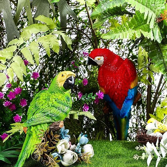 The Decorshed Large Realistic Parrot Statues for Outside Red Green Life Like Bird Sculptures Lawn Figurines for Tropical Animal Tree Wall Decor - Image 1