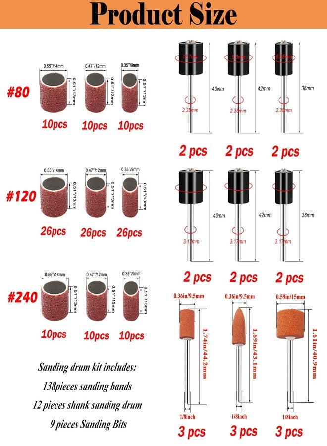 Sunxeke Sanding Drum Set,Including 138 Pieces Aluminum Oxide 80 120 240Grit Drum Sander Sanding Sleeves and 12 Pieces Drum Mandrels and 9 Pieces Sanding Bits for Dremel Rotary Tool - Image 2