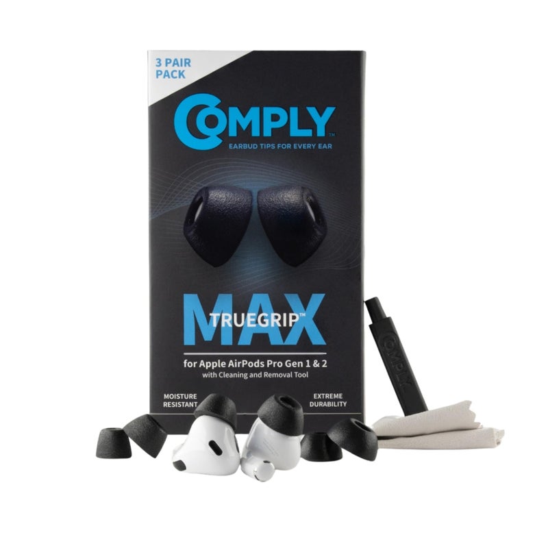 Comply TrueGrip MAX | Premium Memory Foam Replacement Earbud Tips for Apple AirPods Pro 1 & 2 | Long Lasting Comfort, Extreme Durability, Secure Fit, Superior Noise Isolation| Black (Medium) (3 Pairs) - Image 1