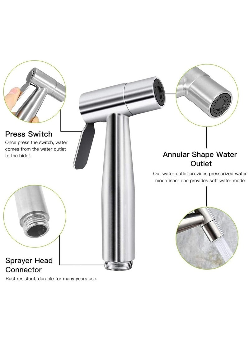 SKY-TOUCH 3 Pcs Bidet Toilet Spray Gun Set Handheld Bidet Sprayer Shattaf With Stainless Steel Chrome Hose Toilet Water Sprayer Silver  - Image 3
