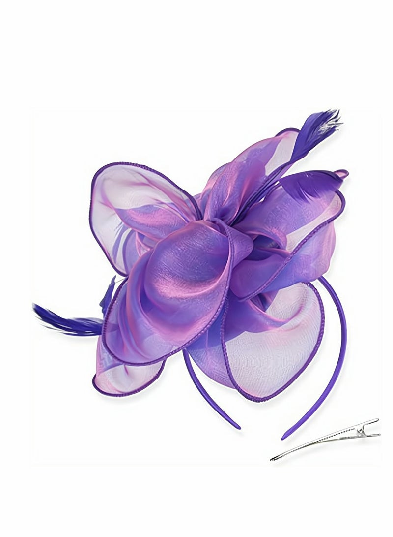 Chic Purple Fascinator Hat with Feathers and Ribbon Ideal for Tea Parties Weddings Events Includes Headband and Hair Clip for Women and Girls - Image 1