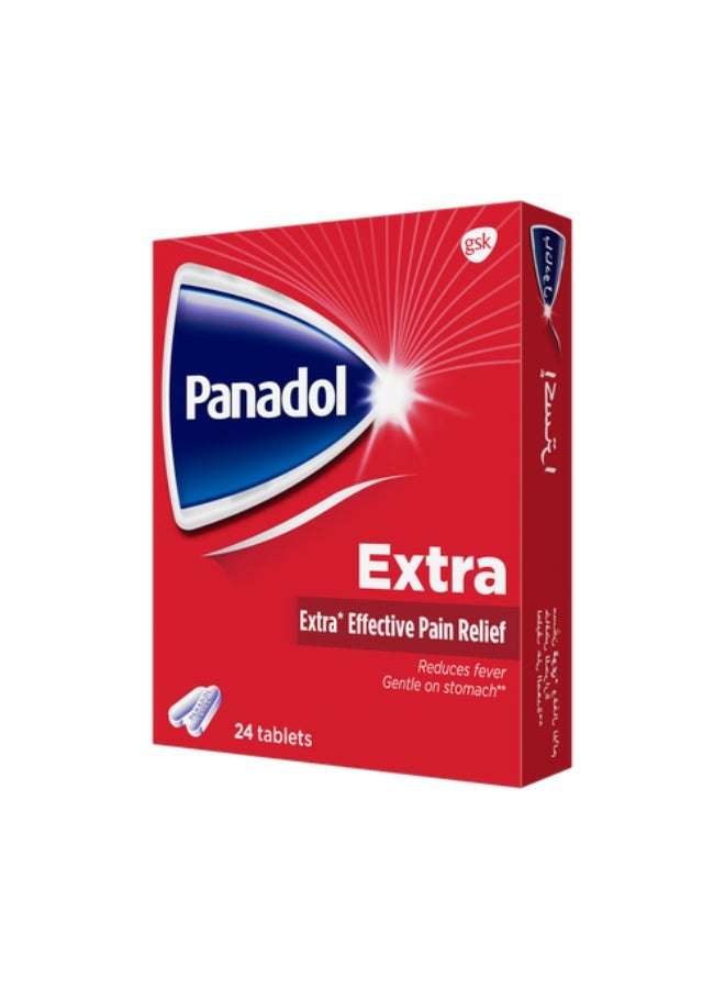 بانادول إكسترا أقراص، باراسيتامول 500 مجم مع كافيين، تخفيف فعال للألم وخفض الحرارة، لطيف على المعدة، 24 قرص