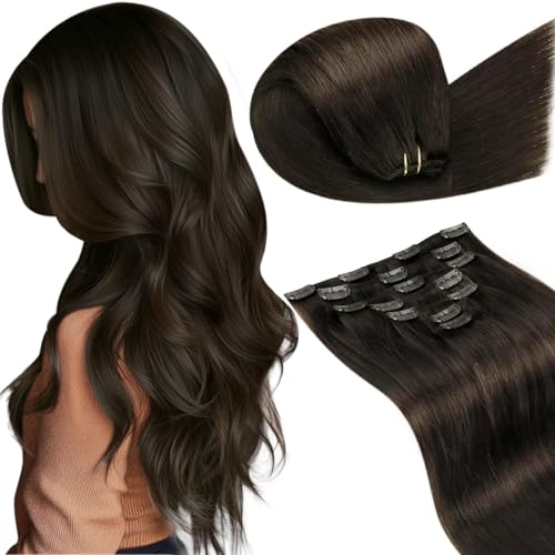 LaaVoo Human Hair Clip in Extensions Brown Clip in Hair Extensions Real Human Hair 18 Inch Darkest Brown Hair Extensions Clip ins Full Head Silky Straight 7pcs 120g