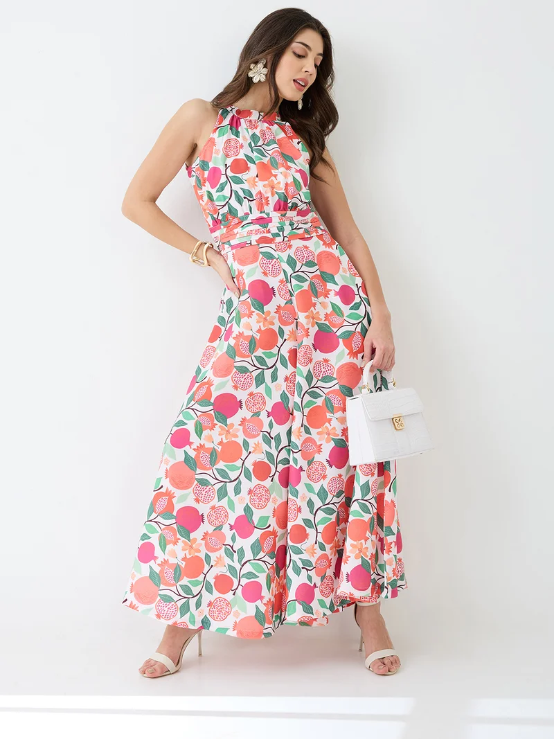 globus Women Pink Floral & Fruit Print Halter Neck Pleated Detail Flared Fusion Jumpsuit