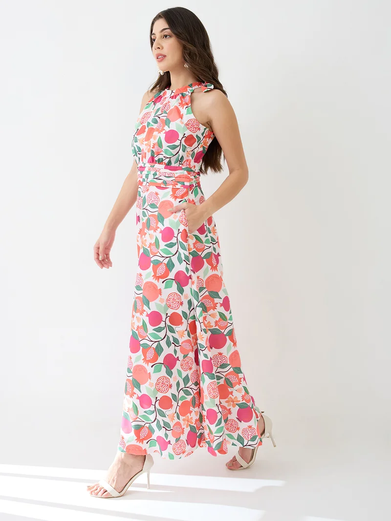 globus Women Pink Floral & Fruit Print Halter Neck Pleated Detail Flared Fusion Jumpsuit