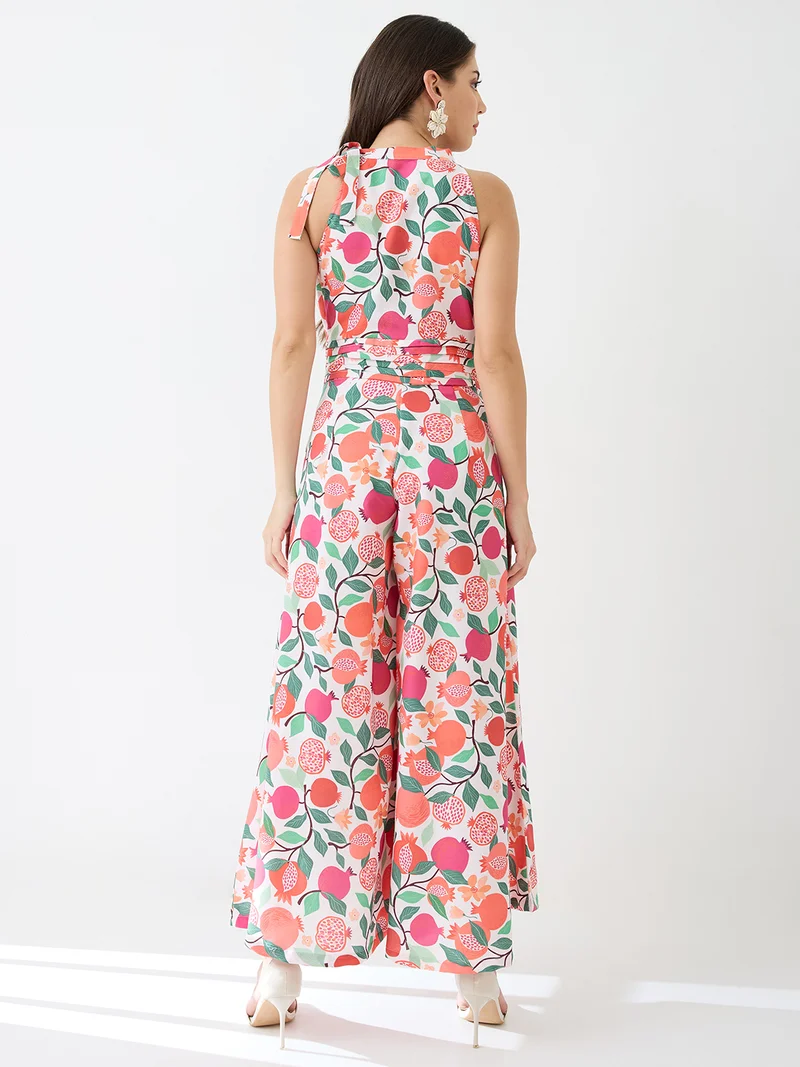 globus Women Pink Floral & Fruit Print Halter Neck Pleated Detail Flared Fusion Jumpsuit