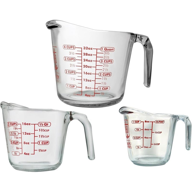 أنكور هوكينغ Anchor Hocking Glass Measuring Cups, 3 Piece Set (1 Cup, 2 Cup, 4 Cup liquid measuring cups) - Image 1