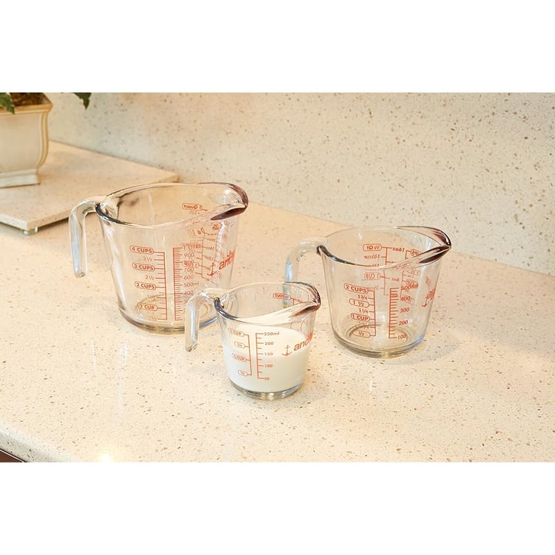 أنكور هوكينغ Anchor Hocking Glass Measuring Cups, 3 Piece Set (1 Cup, 2 Cup, 4 Cup liquid measuring cups) - Image 2