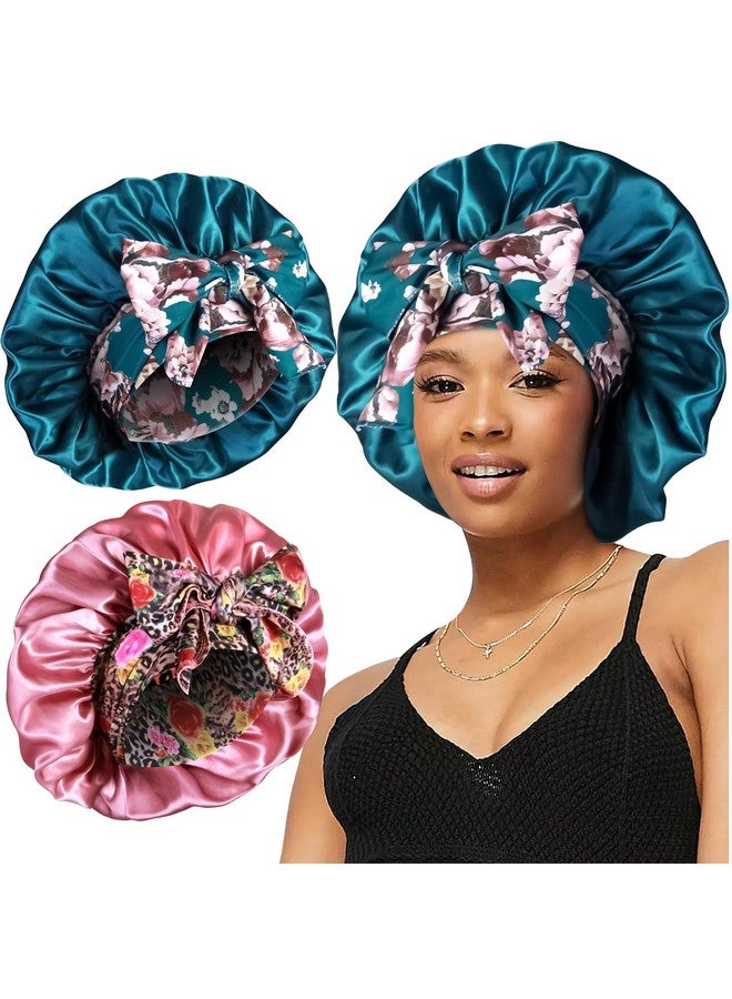 Heniho 2Pcs Large Silky Bonnets With Tie Band Braid Bonnet, Satin Bonnet For Sleeping Curly Hair, H - Image 1