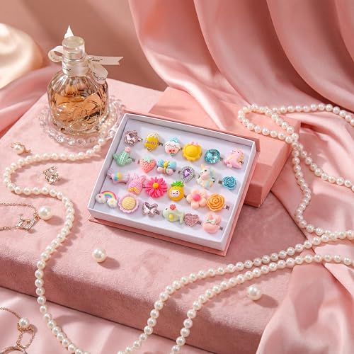 PASEMM 24pcs Little Girl Jewel Rings Adjustable No Duplication Kids Play Ring in BoxPretend Play and Dress Up Rings for 412 Year Old Girl Birthday Christmas Holiday Gifts - Image 5