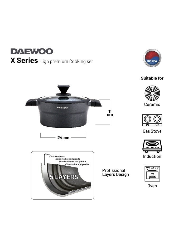 Daewoo 24cm Die-Cast Aluminum Pot, Non-Stick Granite Coating, Full Induction Base, Stay-Cool Handles, Silicone Utensils & Pot Protectors, Chemical-Free - Image 2