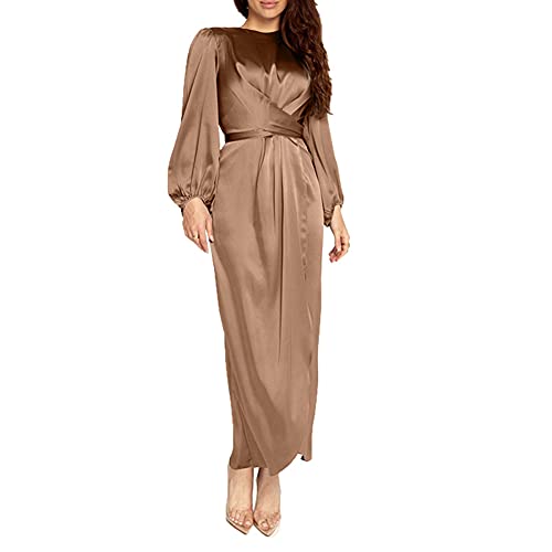 StarDY Women's Plain Satin Abaya Dress Round Collar Balloon Sleeve Wrap Waist Slit Maxi Dress Middle Eastern Muslim Gown (Khaki, XL) - Image 3