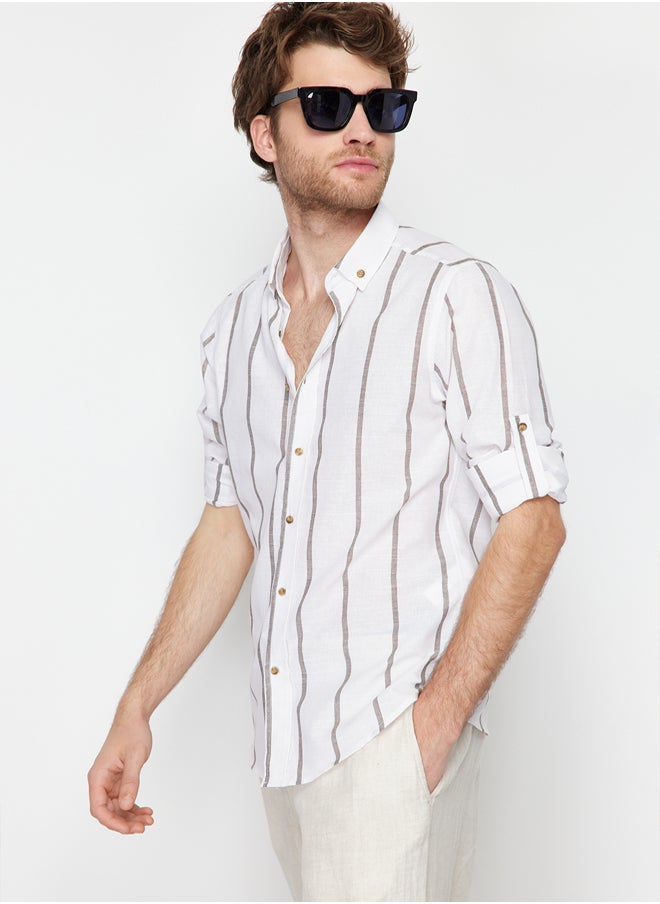trendyol Slim Fit Buttoned Collar Epaulette Striped Shirt TMNSS21GO1095  - Image 2