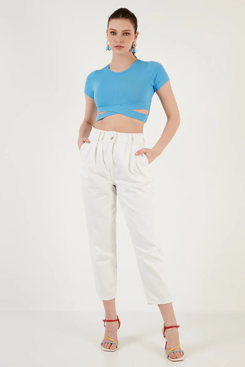 Lela Ribbed Waist Detailed Short Sleeve Slim Cut Crop Blouse Women's Blouse 5864211