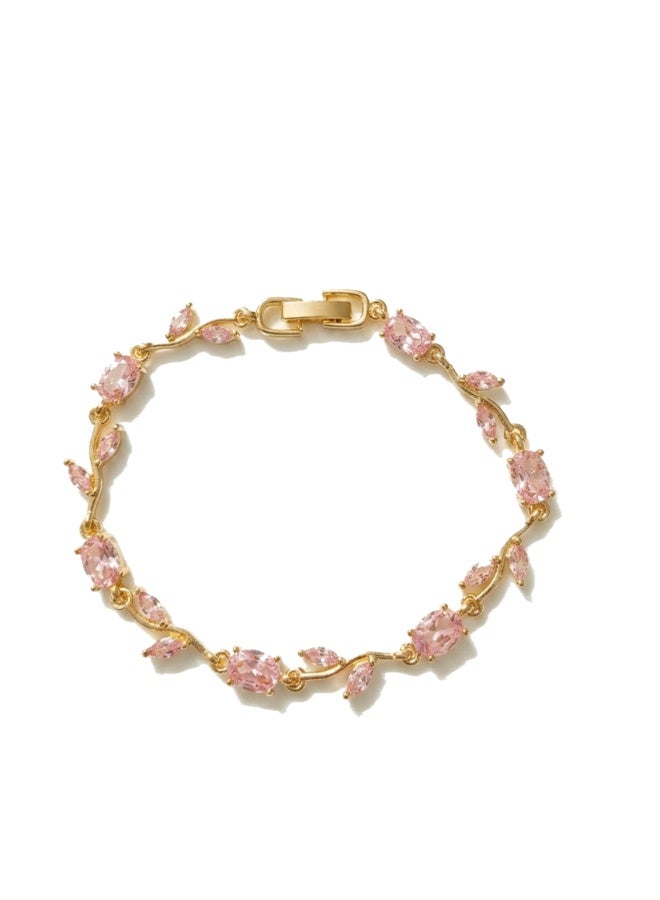 Julia Store Lovely 18K Gold Plated Aesthetic Exquisite Luxury Elegant Dainty Cute Trendy Delicate Austrian Cubic Zirconia Gemstone Charm Chic Trendy Elegant Flower Vine Bracelet Jewelry Gift For Women Pink - Image 1