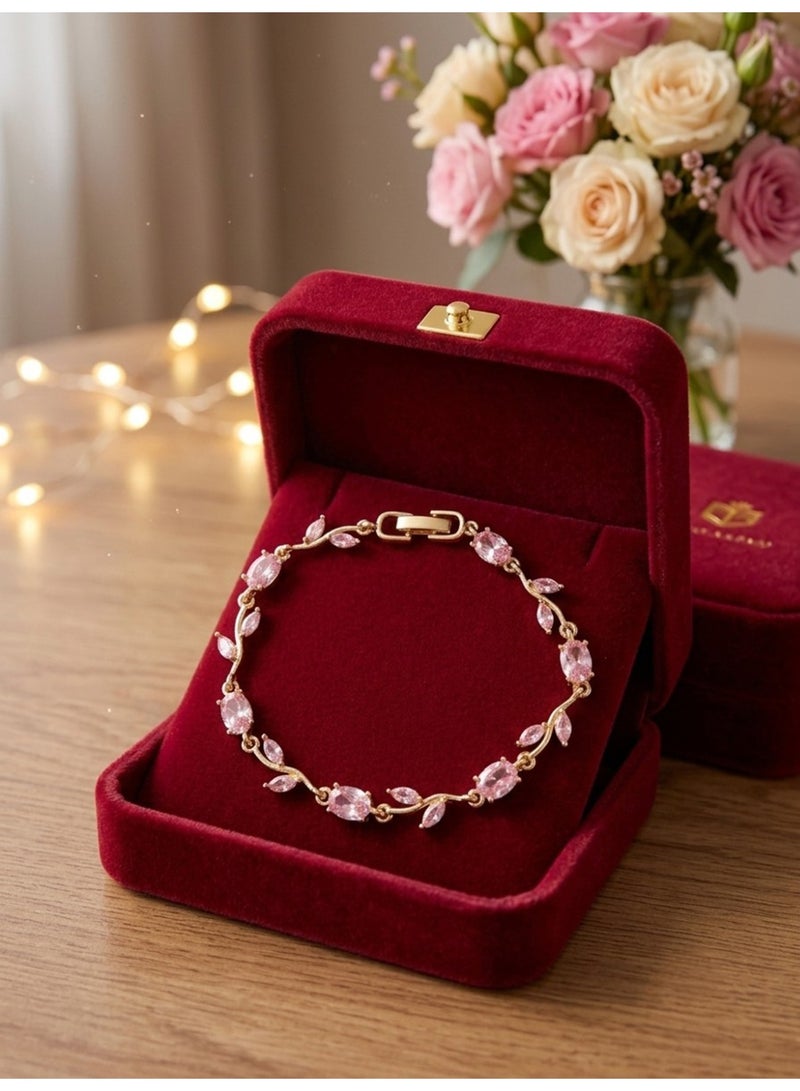 Julia Store Lovely 18K Gold Plated Aesthetic Exquisite Luxury Elegant Dainty Cute Trendy Delicate Austrian Cubic Zirconia Gemstone Charm Chic Trendy Elegant Flower Vine Bracelet Jewelry Gift For Women Pink - Image 2