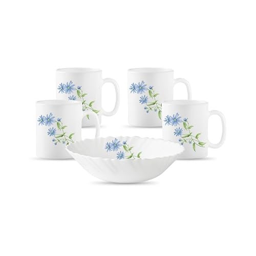 La Opala Diva Classique Collection Opal Glass Crockery | Gift Set of 5 | Coffee Time Set 5 pcs Blue Daisy | Bowls & Coffee Mugs | Microwave Safe | 100% Vegetarian | Extra Strong | Light & White - Image 1
