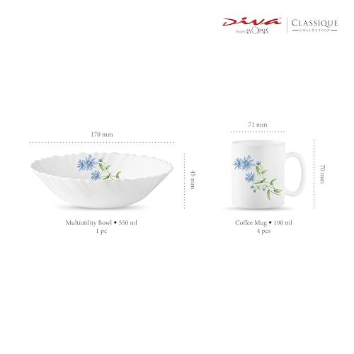 La Opala Diva Classique Collection Opal Glass Crockery | Gift Set of 5 | Coffee Time Set 5 pcs Blue Daisy | Bowls & Coffee Mugs | Microwave Safe | 100% Vegetarian | Extra Strong | Light & White - Image 2