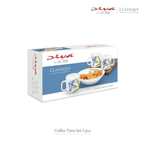 La Opala Diva Classique Collection Opal Glass Crockery | Gift Set of 5 | Coffee Time Set 5 pcs Blue Daisy | Bowls & Coffee Mugs | Microwave Safe | 100% Vegetarian | Extra Strong | Light & White - Image 4