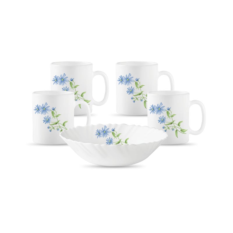 La Opala Diva Classique Collection Opal Glass Crockery | Gift Set of 5 | Coffee Time Set 5 pcs Blue Daisy | Bowls & Coffee Mugs | Microwave Safe | 100% Vegetarian | Extra Strong | Light & White - Image 5