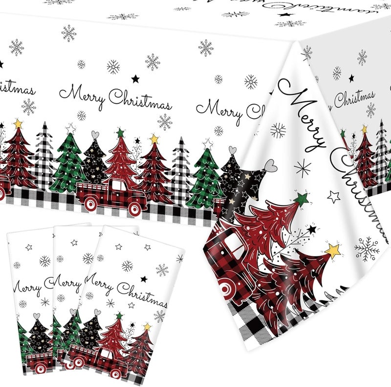 Lonfliness 3Pcs Christmas Disposable Tablecloths Christmas Plastic Table cloth Christmas Tree Buffalo Plaid Snowflake Truck Waterproof Table Cover for Winter Holiday Xmas Birthday Party Supplies Decor 108 x 54In - Image 1