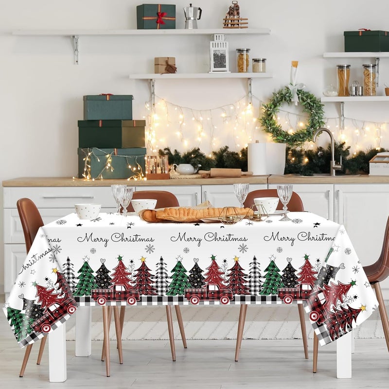 Lonfliness 3Pcs Christmas Disposable Tablecloths Christmas Plastic Table cloth Christmas Tree Buffalo Plaid Snowflake Truck Waterproof Table Cover for Winter Holiday Xmas Birthday Party Supplies Decor 108 x 54In - Image 4