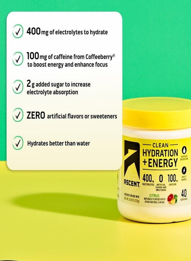 أسينت مسحوق أسينت كلين للترطيب والطاقة والإلكتروليتات - 100 ملغ كافيين، 400 ملغ إلكتروليتات، خالٍ من المكونات الاصطناعية، بنكهة الحمضيات، 40 حصة - Image 2