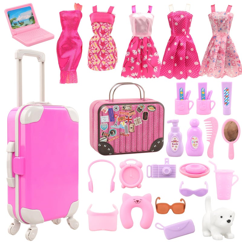 BARWA 32 Pcs Doll Suitcase Luggage Travel Clothes and Accessories for 11.5 inch Girl Doll Travel Carrier Storage, Including 1 Luggage 1 Suitcase 23 Travel toiletries 5 Dresses 1 Puppy 1 Computerâ€¦ - Image 1