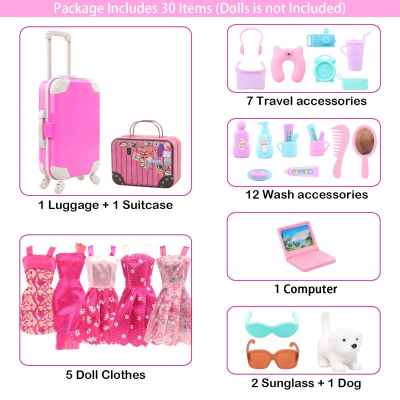 BARWA 32 Pcs Doll Suitcase Luggage Travel Clothes and Accessories for 11.5 inch Girl Doll Travel Carrier Storage, Including 1 Luggage 1 Suitcase 23 Travel toiletries 5 Dresses 1 Puppy 1 Computerâ€¦ - Image 3