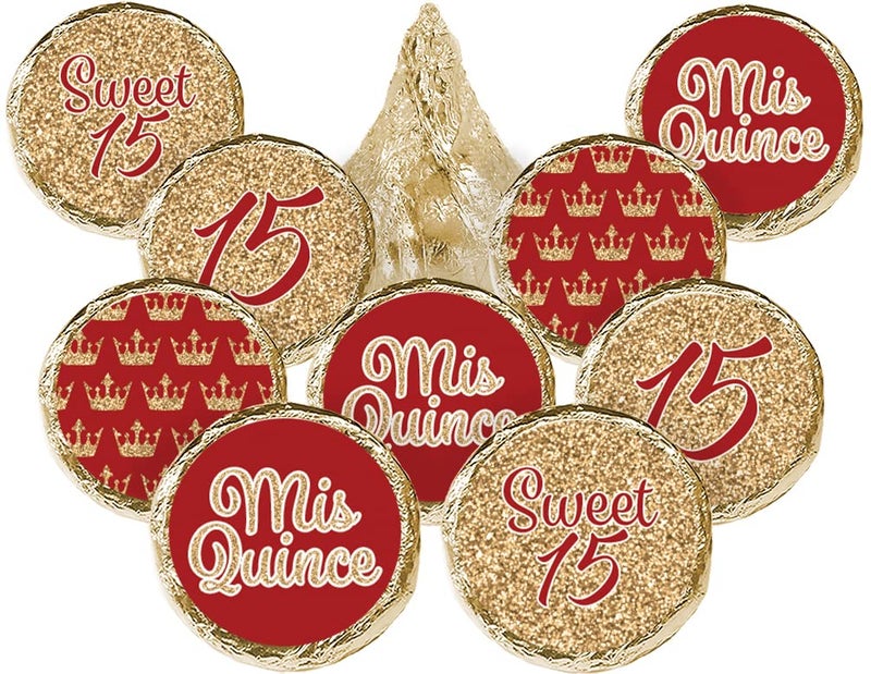 Red and Gold Quinceaera Chocolate Kisses Party Favor Stickers Mis Quince Aos Sweet 15 Birthday Party 180 Count
