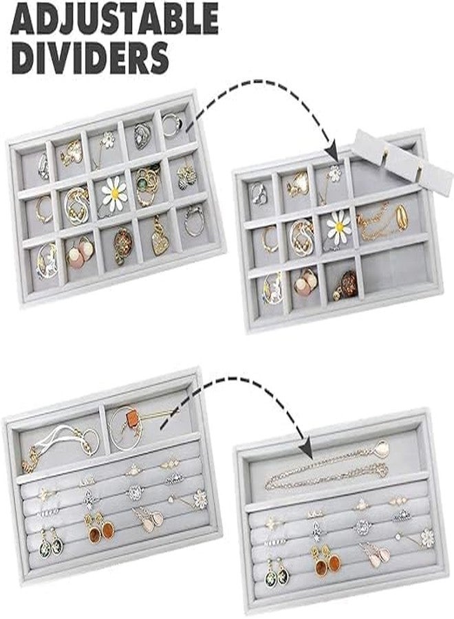 ShopBridge Stackable Velvet Jewellery Organiser Trays, Set of 4, Grey Storage Compartments for Rings, Earrings, Necklaces, Bracelets - Image 5