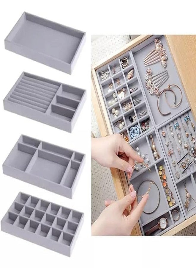 ShopBridge Stackable Velvet Jewellery Organiser Trays, Set of 4, Grey Storage Compartments for Rings, Earrings, Necklaces, Bracelets - Image 4