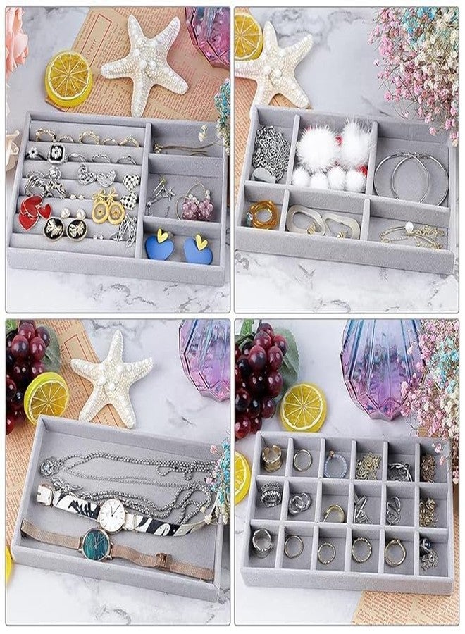 ShopBridge Stackable Velvet Jewellery Organiser Trays, Set of 4, Grey Storage Compartments for Rings, Earrings, Necklaces, Bracelets - Image 3