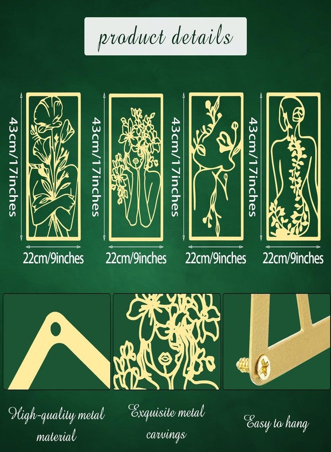 سندير أربع قطع من اللوحات الجدارية المعدنية، بتصميم تجريدي بسيط لامرأة، باللون الذهبي، رسم خطي معدني، ديكور منزلي معلق لغرفة النوم والمطبخ والحمام وغرفة المعيشة. - Image 4