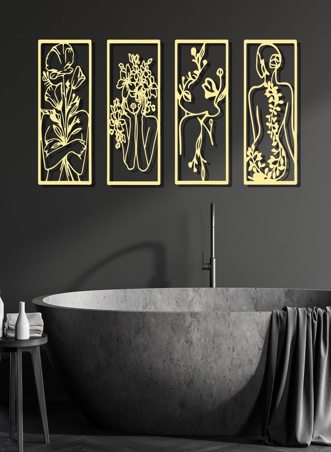 سندير أربع قطع من اللوحات الجدارية المعدنية، بتصميم تجريدي بسيط لامرأة، باللون الذهبي، رسم خطي معدني، ديكور منزلي معلق لغرفة النوم والمطبخ والحمام وغرفة المعيشة. - Image 2