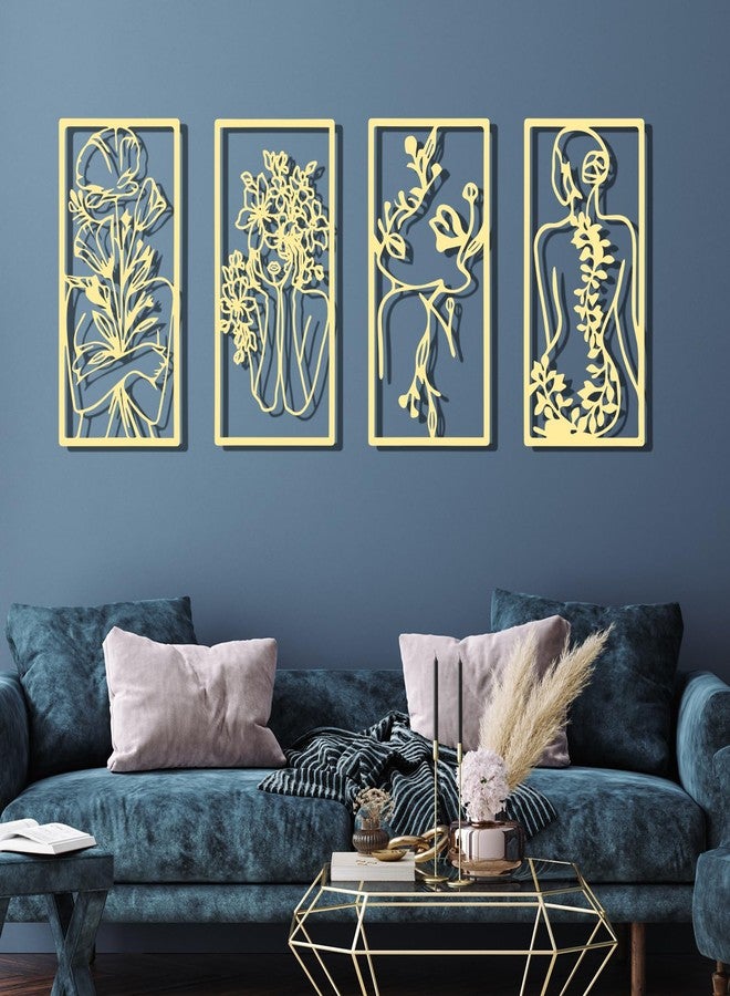 سندير أربع قطع من اللوحات الجدارية المعدنية، بتصميم تجريدي بسيط لامرأة، باللون الذهبي، رسم خطي معدني، ديكور منزلي معلق لغرفة النوم والمطبخ والحمام وغرفة المعيشة. - Image 3