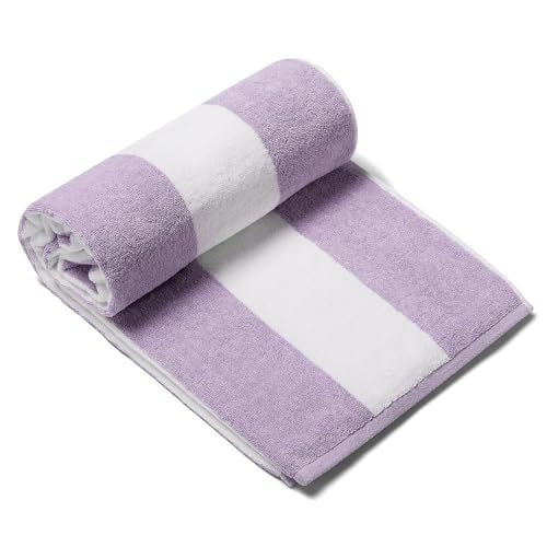 CLOWOOD Plush Oversized Beach Towel - Cotton 40 x 70 Inch Large Thick Purple Striped Cabana Pool Swimming Towel - Image 1