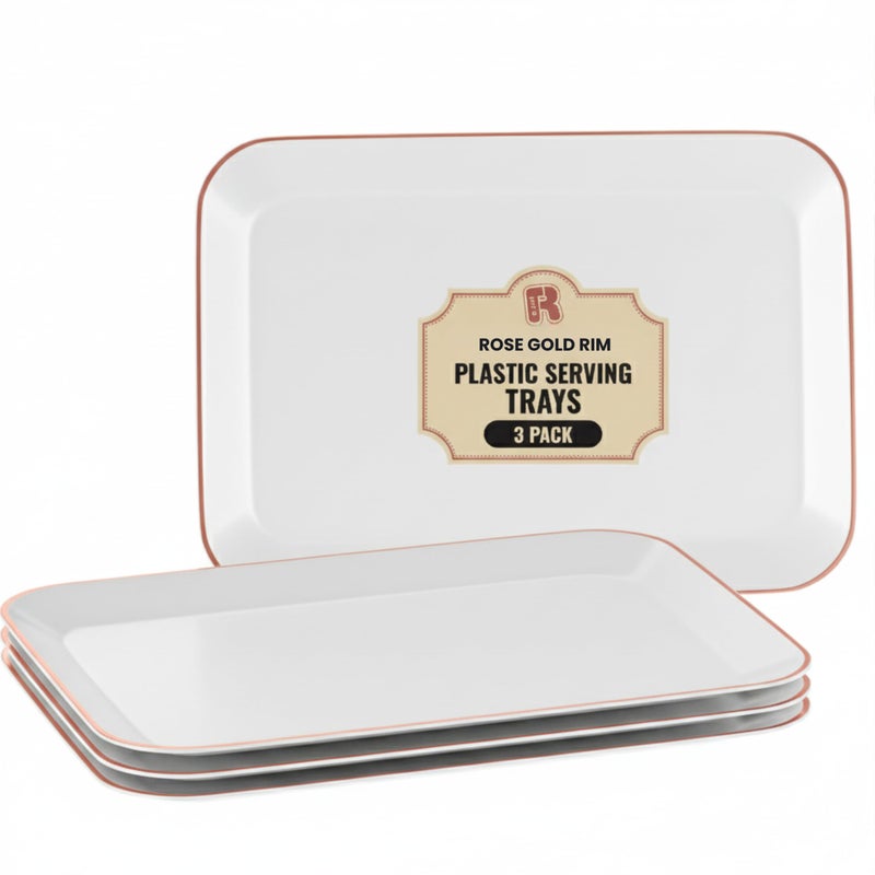 R-kay 3 Pack Rose Gold Plastic Serving Trays for Party - Rose Gold Serving Tray 8 x 11 Inch - Heavy Duty Dessert Trays for Food - Rectangular Party Serving Trays for Entertaining - Image 1