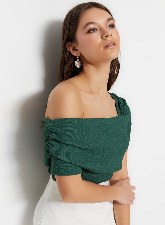 trendyol Emerald Green Asymmetrical Collar Fitted Knitted Bodysuit TWOSS23BD00060 - Image 2