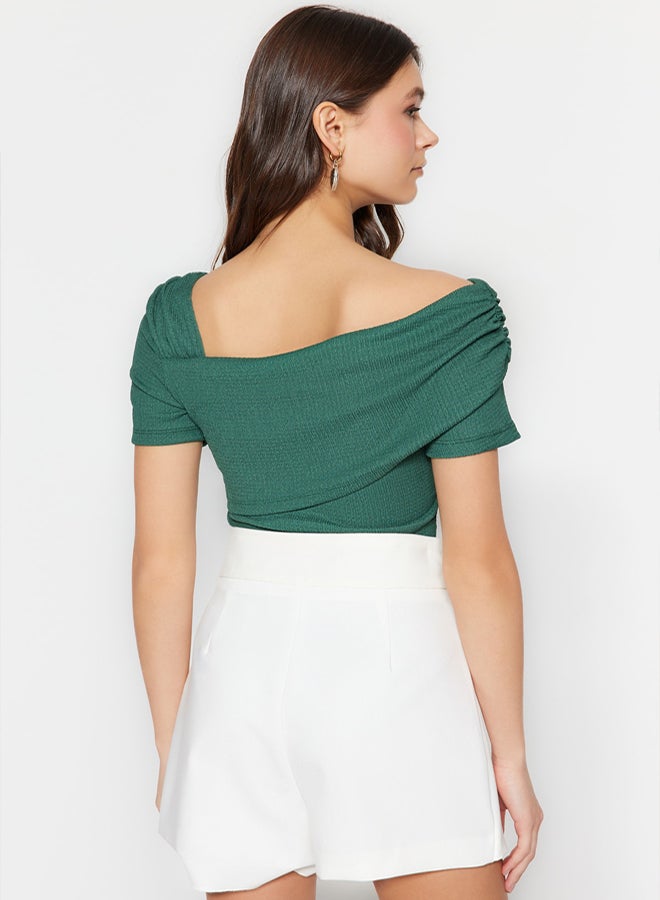 trendyol Emerald Green Asymmetrical Collar Fitted Knitted Bodysuit TWOSS23BD00060 - Image 5