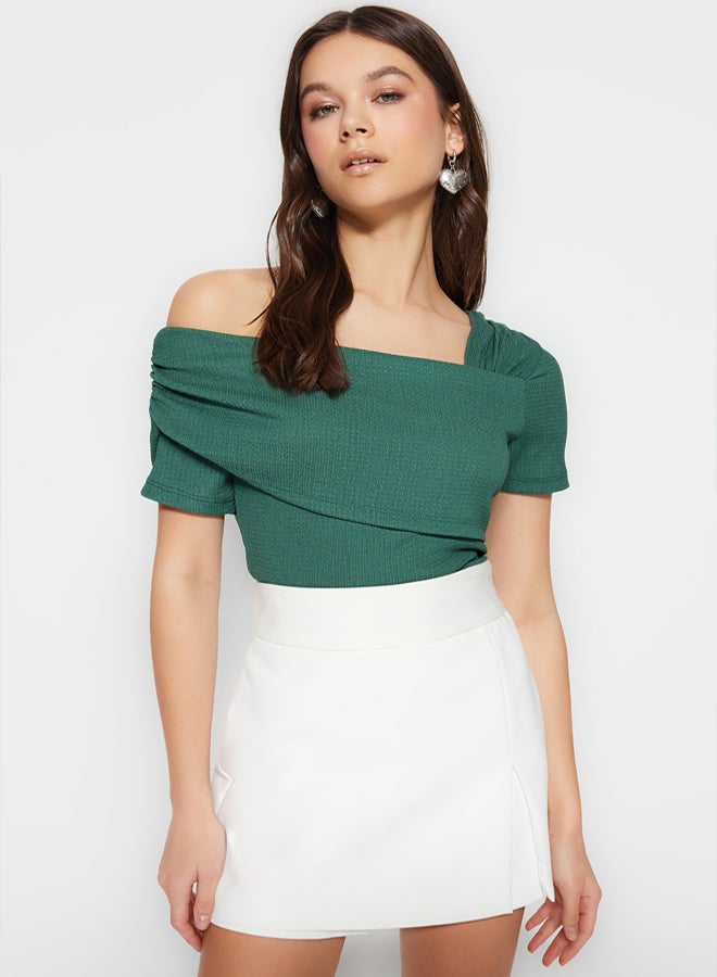 trendyol Emerald Green Asymmetrical Collar Fitted Knitted Bodysuit TWOSS23BD00060 - Image 1