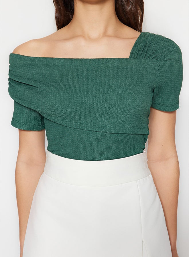 trendyol Emerald Green Asymmetrical Collar Fitted Knitted Bodysuit TWOSS23BD00060 - Image 3